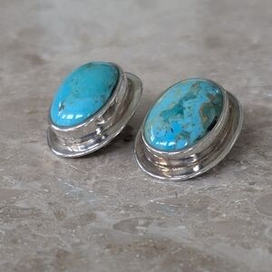 Turquoise and Sterling Silver Oval Clip Earrings